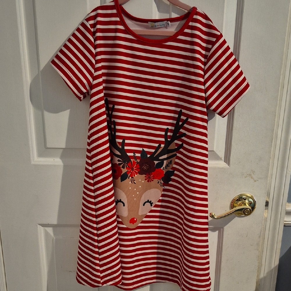 Red Striped Reindeer Kids Dress